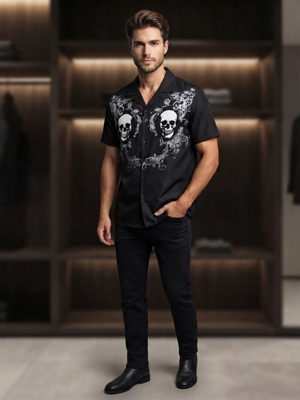 Distortion Size M Men's Black Short-Sleeve Skull Print Shirt